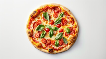 A freshly baked pizza with melted cheese, cherry tomatoes, and basil leaves, presented on a clean white surface, symbolizing Italian cuisine.