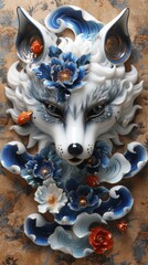 detailed floral fox mask sculpture with vibrant blue and red accents