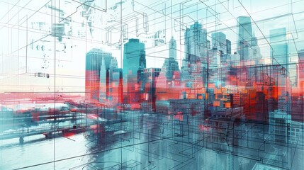 Abstract metropolitan skyline with overlapping architectural blueprints and translucent red overlay, depicting a futuristic or conceptual urban planning design.
