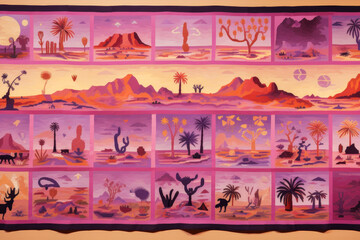 A tapestry of pink and violet squares, each depicting various elements of the desert: cacti, sand dunes, suns setting, scorpions, and a lone traveler with a camel.