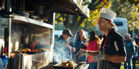 Chef in a food truck flipping burgers on a hot grill, taking orders from a line of customers, with the city park in the background.
