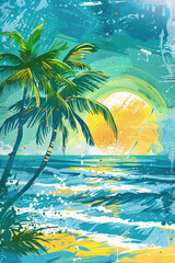 This AI-generated illustration presents a symphony of tropical sunrise hues with palm silhouettes against a vivid blue sea