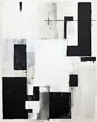 The painting is a modern abstract, with bold geometric shapes in black and white. It has a minimalist feel and would be perfect for a contemporary home or office.