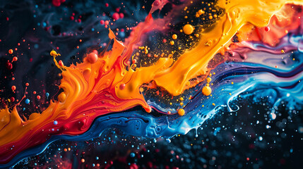 Colorful paint splatters frozen in time, creating a dynamic and abstract composition.