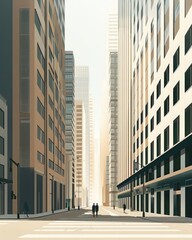 The photo shows a wide, empty urban street with tall buildings on both sides.