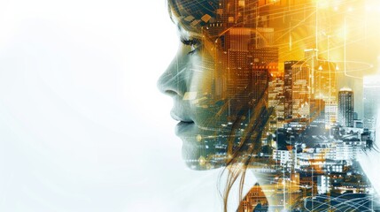 Digital composite image of a woman's profile overlaid with urban skyline and circuit patterns, symbolizing the blend of humanity with technology and urbanization.