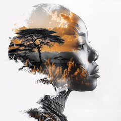 silhouette of a person with an African savanna sunset and trees superimposed on the profile.