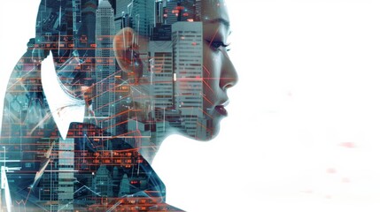 Digital composite image of a woman's profile overlaid with circuitry and code, symbolizing the intersection of humanity and technology or the concept of artificial intelligence.