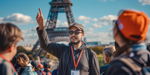 Tour guide leading a group of visitors to tourist attractions, giving them information and insights, pointing at local architecture in Paris, France.