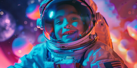 Cheerful child wearing astronaut suit in space. Kid in spacesuit watching meteorites and stars....
