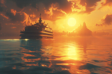 Fototapeta premium Serene vector illustration featuring a luxury cruise ship sailing at sunset, with a silhouette of city skyline. AI Generated