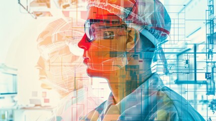 A montage of engineers with safety helmets superimposed against industrial schematics, representing modern engineering, technology development, and the collaboration - obrazy, fototapety, plakaty