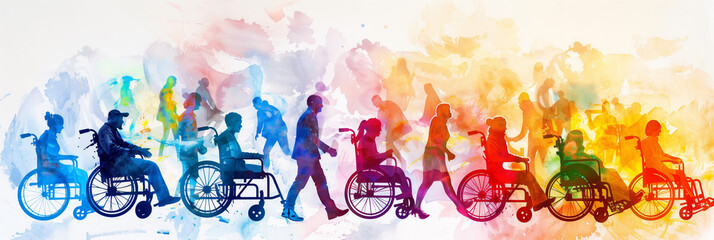 Colorful art watercolor painting depicts a diverse group of International Day of Disabled Persons, disability day, world on the wheelchair wheel, Autistic Awareness Day, healthcare concept