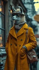 Dapper llama parades through city streets in tailored elegance, embodying street style. The realistic urban backdrop frames this fashionable camelid, seamlessly merging Andean charm with contemporary 