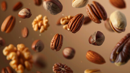  image of assorted nuts floating with a focus on their texture and natural colors, set against a solid brown background to enhance the organic and healthy appeal