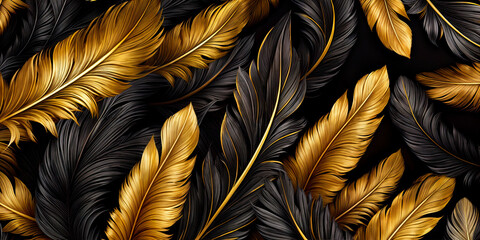 
Elegant and luxury black and gold feathers background. Art drawing, wallpaper, natural pattern with leaves. AI generated.