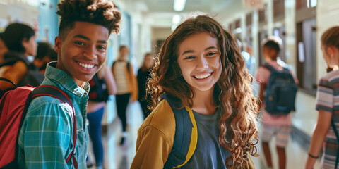 Two cheerful happy young friends standing in school hallway. Teen students having fun together in high school.