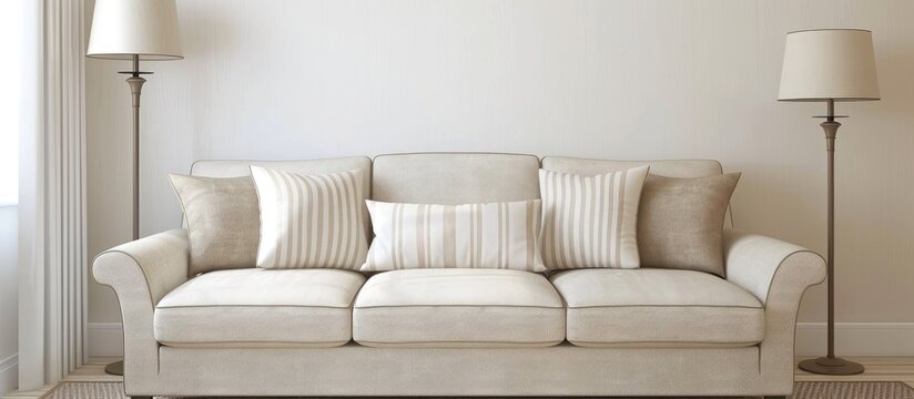 A beige couch is placed against a white, bare wall with room for text in a modestly decorated living room, featuring a lamp.