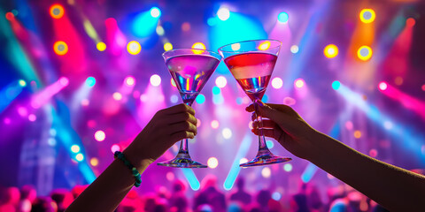 Two people toasting cocktail glasses on a background of colorful neon stage lights, in lively atmosphere of a music festival.
