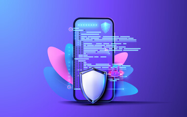 Futuristic Smartphone Security Concept with Shield and Digital Lock. Vibrant 3D illustration depicting a smartphone with advanced security features, including a shield and digital lock. Vector