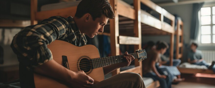 Young tourist sitting on bunk bed and playing a guitar in hostel room. Roommates singing and partying in contemporary youth hostel.