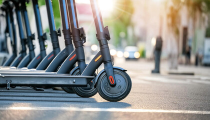 Extreme close-up and bottom view of a group of electric push scooters available for rent, with a blurred city street on background. Generative Ai.