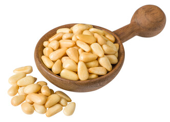 Roasted pine nuts in the wooden spoon, isolated on the white background.