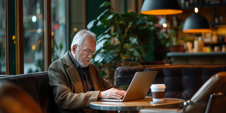 Retired professional sitting in a modern cafe, deeply engrossed in writing his blog on a sleek laptop, with a cup of artisan coffee by his side.