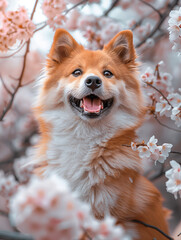 A happy dog amidst blooming flowers