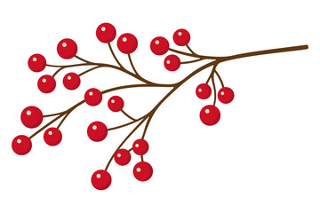 Red winter berries. Trendy flat illustration holly tree, mistletoe or ilex berries on branch. Isolated illustration on white background © Aikaterini