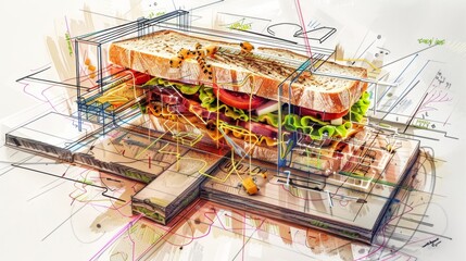 The image features a conceptual sketch-like illustration of a sandwich with various architectural elements and colored line work, blending food and design creatively.