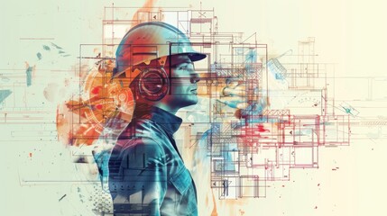 A digital composite image blending a construction worker in a helmet with colorful technical drawings and architectural plans, symbolizing engineering and design innovation.