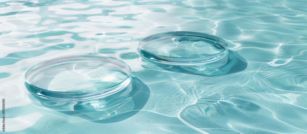 Canvas Prints Two unoccupied transparent glass circular podiums placed on a light blue water surface with gentle waves under sunlight. This abstract natural backdrop is ideal for showcasing products,