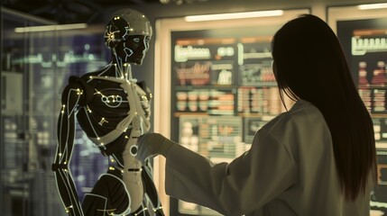 A woman in a lab coat is working on a robot. The robot is made of metal and has a skeleton-like appearance. The woman is wearing gloves and she is focused on her work - obrazy, fototapety, plakaty