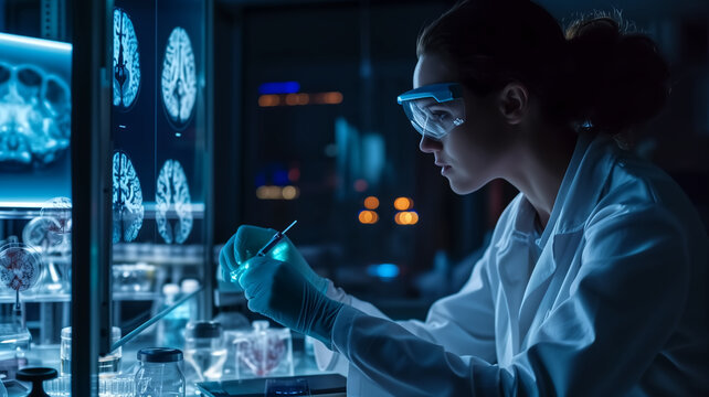 A focused female scientist working on a biological sample in a modern laboratory, surrounded by advanced digital imaging of brain scans.
