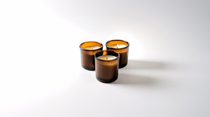 Three amber candles in brown glass containers on a white surface.