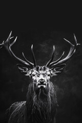 Majestic stag with impressive antlers against a dark background, captured in monochrome
