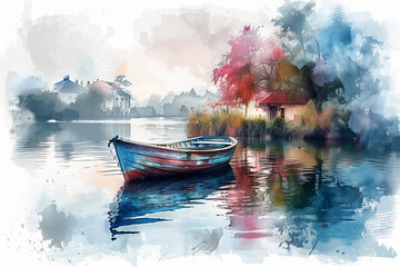 Watercolor painting of a rowboat in the canal.
