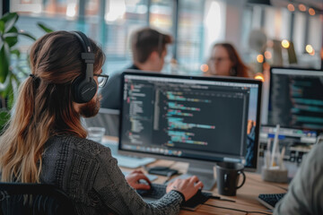 A group of developers men and women working together to program an e-commerce website.