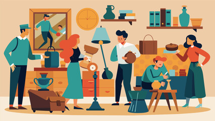 A room bustling with energy as antique collectors eagerly swap items and add new treasures to their collections.. Vector illustration