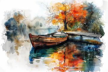 Watercolor painting of a rowboat in the canal.