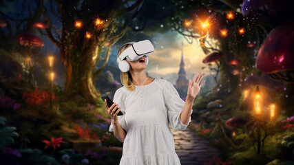 Girl wearing VR glasses while holding phone and pointing at view. Happy woman surprised while...