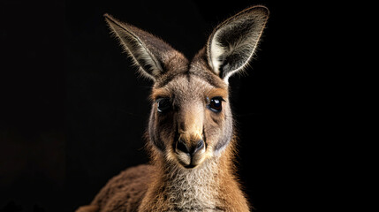 Close-up of a kangaroo on a black background, highlighting its fur texture and gaze