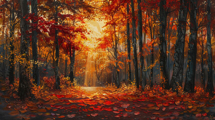 Fototapeta premium Create a serene scene of delicate leaves gracefully descending from the trees and painting the ground in a tapestry of reds, oranges, and yellows