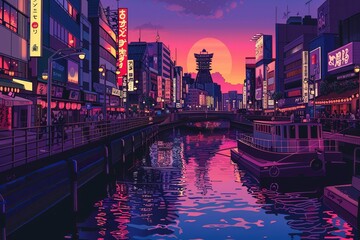  Illustration of Osaka City with with vibrant colors