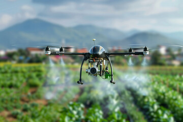 Closeup of injection drone Flying among the vegetable gardens.