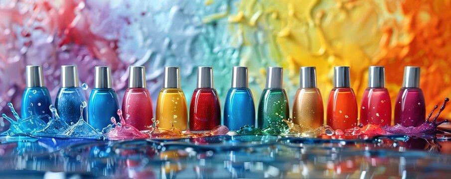 Collection of nail polish bottles packaging mocup, A dynamic display of nail polish bottles, each with a colorful splash, set against a multicolored background, beauty and creativity in cosmetics.