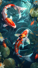 Colorful koi fish swim gracefully in a calm pond,Japanese Koi Fish Swimming in a Colorful Garden Pond