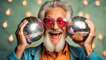 Portrait of a crazy hipster senior man with heart-shaped eyeglasses while holding two disco balls with his hands. Fun partying during holidays, seniors celebrating life, concept. Generative Ai.
