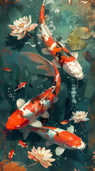 Colorful koi fish swim gracefully in a calm pond,Japanese Koi Fish Swimming in a Colorful Garden Pond